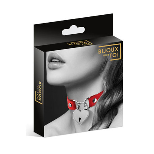 Collier en cuir rouge SM avec pendentif cadenas coeur argenté 